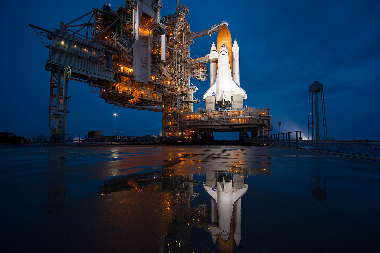 Space shuttle Atlantis prepared for liftoff (night)