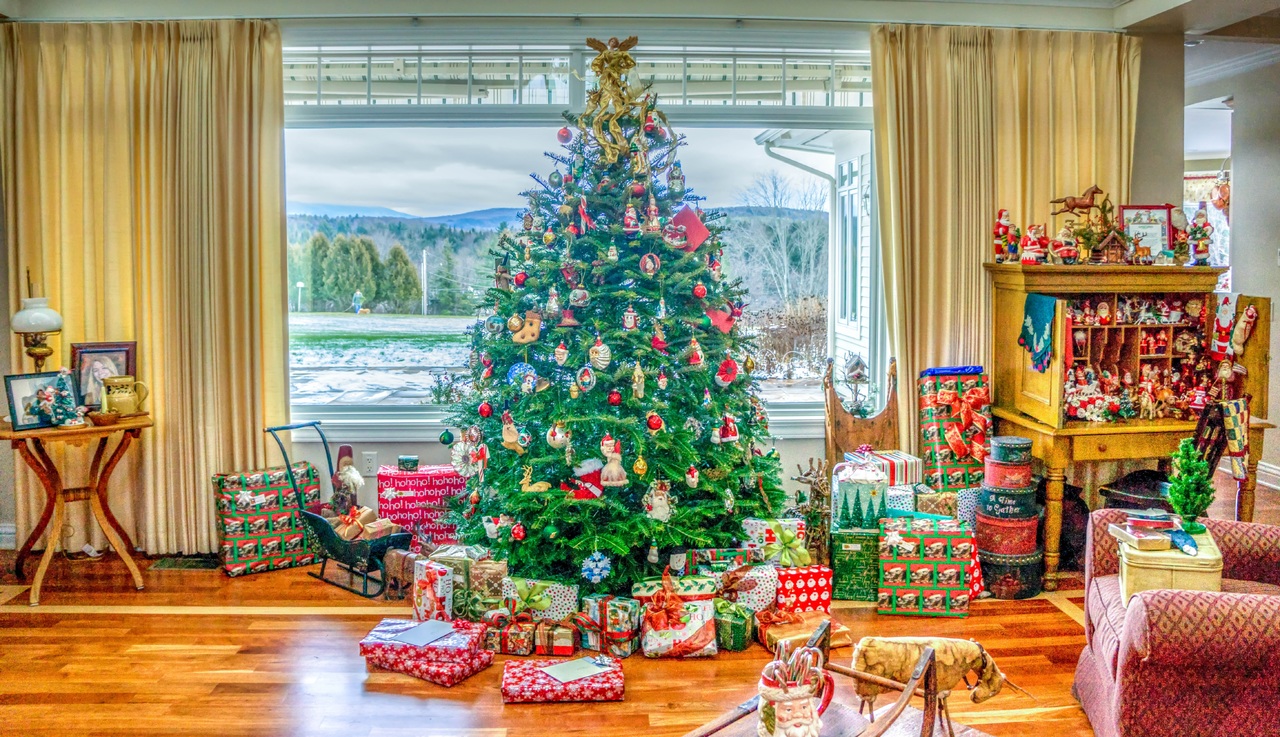Living room, Christmas tree, and presents